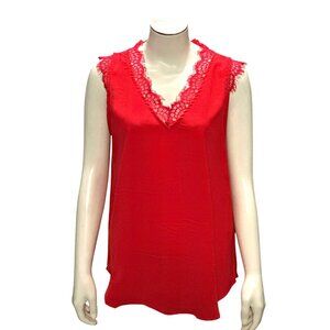 CCC Red Lace Trim Satin Sleeveless Tank Top V Neck Dressy Blouse Size Large